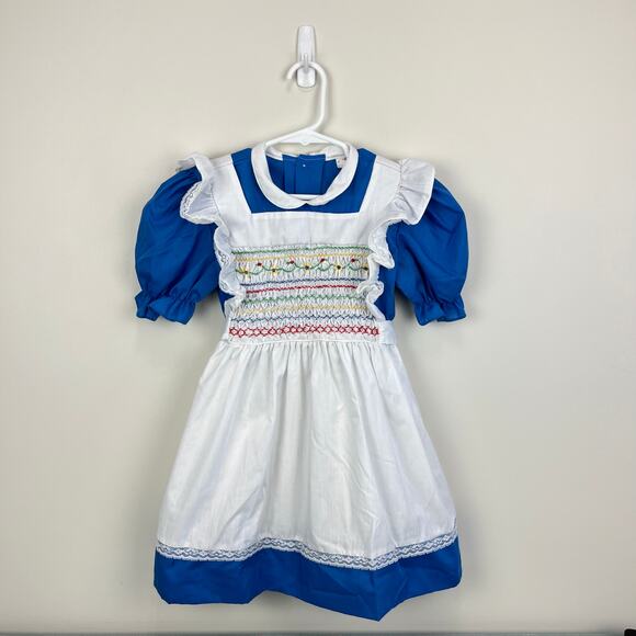Vintage Hand Smocked by Carousel Blue Pinafore Ruffle Dress 6 - Picture 1 of 10